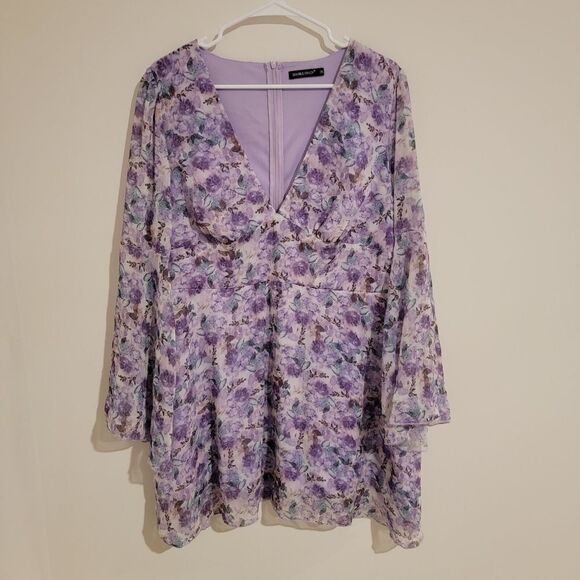Double Crazy Dress 2xl Knee Length Chiffon Purple Floral Cottagecore Bell Sleeve - Picture 1 of 6